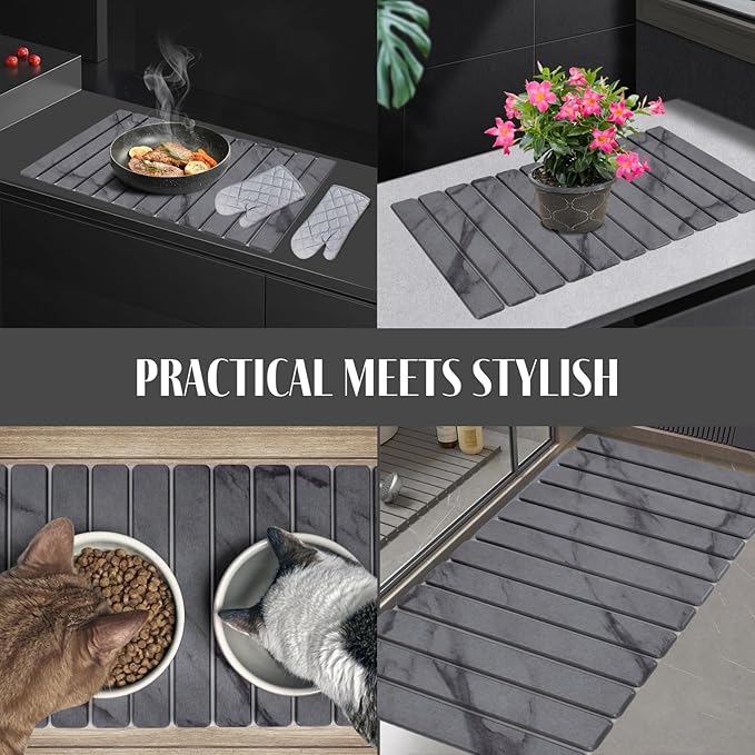 2 PCS Extra Large Stone Dish Drying Mat for Kitchen Counter, 28"×16" Marble Dish Drying Mat with 8"x 4" Coasters, Non - Slip Collapsible Absorbent Stone Dish Drying Mat for Multi - Purpose
