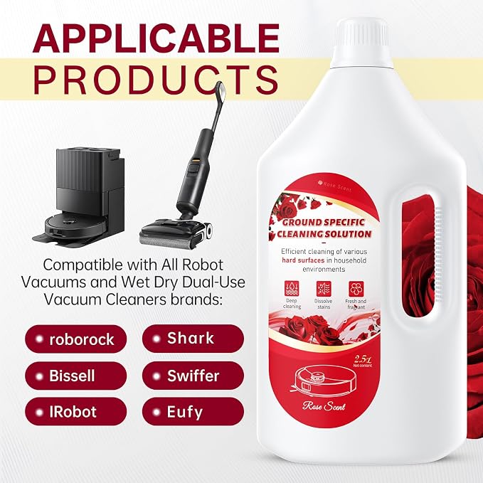2.5 L Floor Cleaning Solution Rose Scent, Compatible with Roborock/Shark/Bissell/Swiffer/IRobot/Eufy Quick Drying Without Residue Suitable for All Robot Vacuums and Wet Dry Dual-Use Vacuum Cleaners