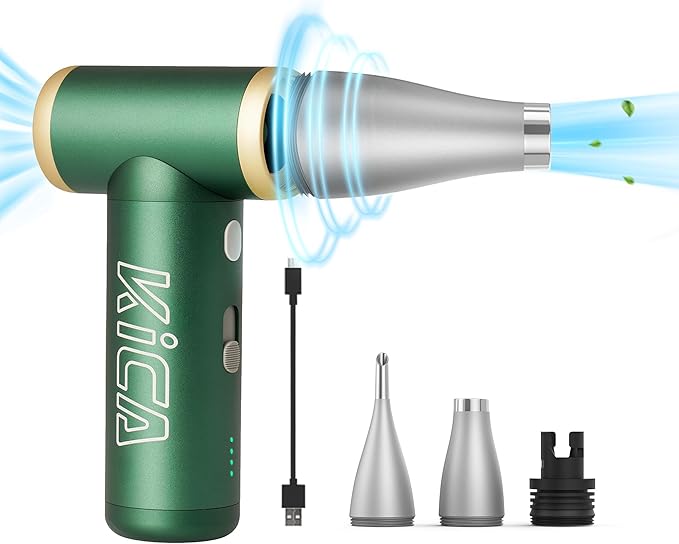 Compressed Air Duster-KiCA JetFan 2S Electric Air Duster,117000 RPM Rechargeable Cordless Air Blower for Cleaning Keyboard&PC, Jet Dry Duster with New Extreme Mode, Metal Shell-Green