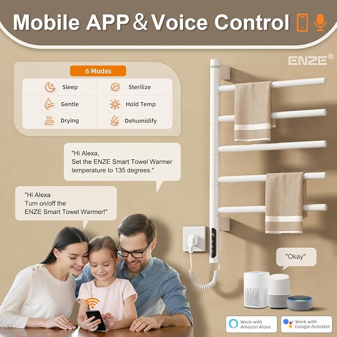ENZE Smart Rotating Heated Towel Rack, 5-Bar Electric Towel Rack with Swivel Bars, Wi-Fi App Control, 24H Timer, Stainless Steel, IPX5, Hardwired/Plug-in, White