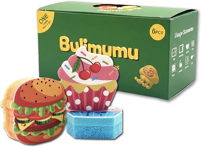 Bulimumu 3-Layer Food Shape Dish Sponge (6 Pack) - Swedish Dishcloth Top + Soft Sponge Middle + Smart Temperature-Sensing Scrubber - Dual-Action Non-Scratch Kitchen Cleaning