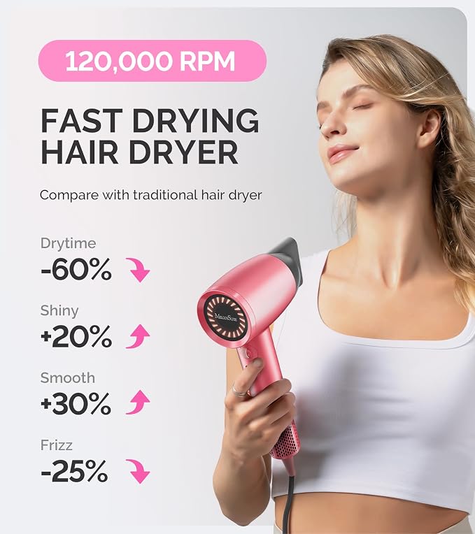 MelodySusie Hair Dryer with Diffuser, 1600W Fast Drying Low Noise Ionic Hair Dryer for Curly Hair with Diffuser,Nozzle and Hair Brush,120,000 RPM Blow Dryer Ideal for Women