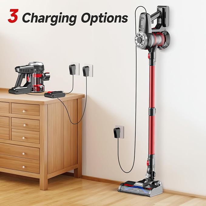 Cordless Vacuum Cleaner for Home, Red, 45 Min Runtime, LED Headlights, 2-Speed, Telescopic Tube, Powerful Suction, Rechargeable, Lightweight & Versatile Household Essentials Stick Vacuum Cordless