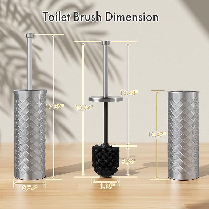 Toilet Bowl Brush and Holder Set 3 Pack with 6 Extra Brush Heads | Extra Long Handle with Splash Guard Cover, Tool-Free Installation, Bathroom Space-Saving, Cleaner Sets for Apartments, RV (Silvery)