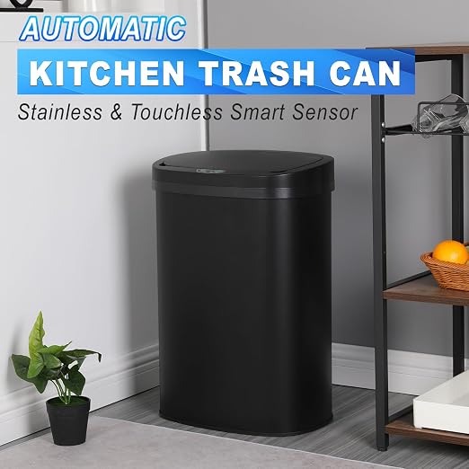 24/7 Shop at Home Freeway 13 Gallon Metal Household Trash Can Motion Sensor Lid for Kitchen, Black