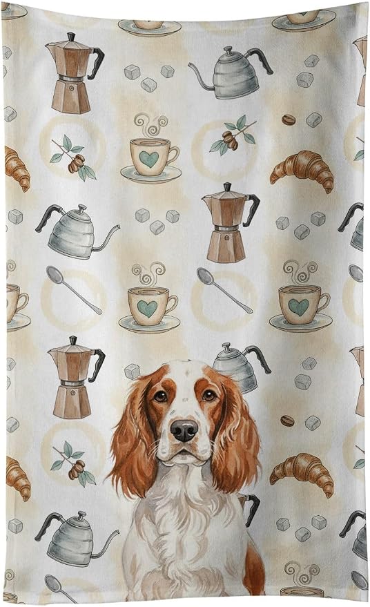 Caroline's Treasures Welsh Springer Spaniel Coffee Bar Kitchen Towel Velour Plush Front and Cotton Loop Back Machine Washable