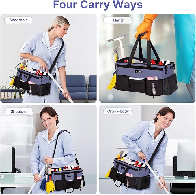 JKAOO Large Wearable Cleaning Caddy Bags,Cleaning Supplies Storage Bag with Handles and Adjustable Shoulder Strap and Removable Waist Straps,Waterproof Cleaning Bags for Home,Car,Office (Denim Blue)