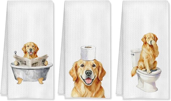 Funny Golden Retriever Bathroom Decor Hand Towels,Golden Retriever Mom Gifts, Gifts for Dog Lovers, Kids Dog Bathroom Decor, 16x24 Inch Set of 3