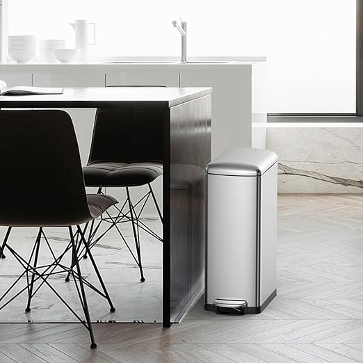 GarveeHome 8 gal Slim Rectangular Stainless Steel Trash Can with Soft Close Lid and Removable Bucket for Kitchen, Bathroom, Office, Silver