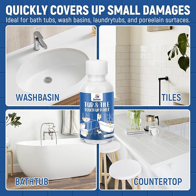 Tub Tile Gloss White Paint Touch Up Paint Kit for Bathtub Porcelain Repair Scratches Cracks Chips on Porcelain Acrylic Enamel Cast Iron Tiles Sinks Toilets White