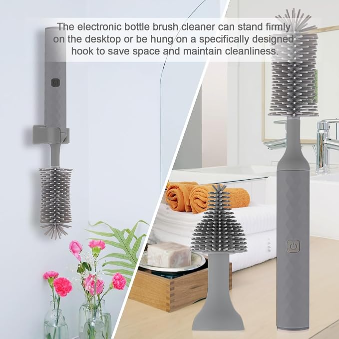 Electric Baby Bottle Cleaner Set - Rechargeable, Silicone Bottle Brush, Nipple & Straw Cleaner. Waterproof Spinning Brush, Essential Cleaning Tools (Grey)