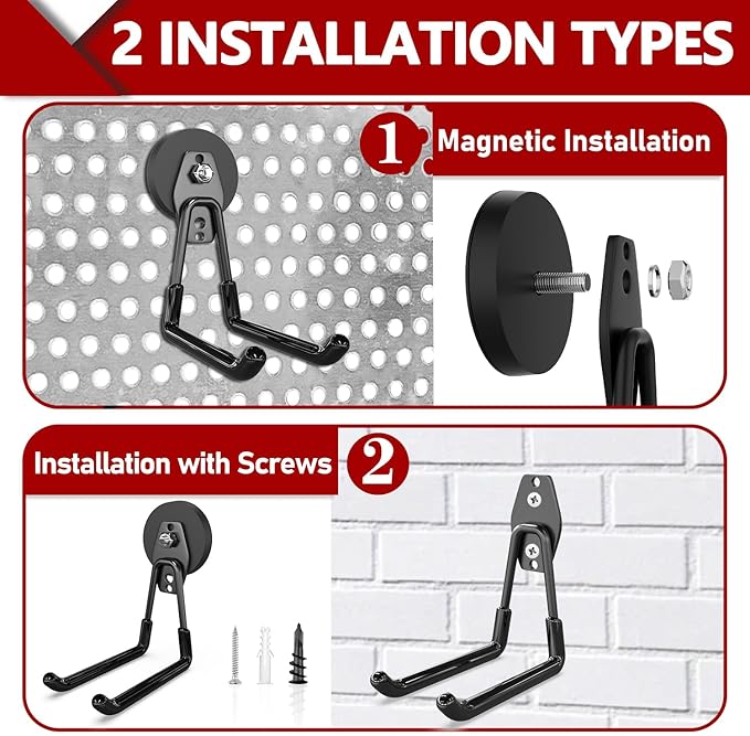 3-H Extra Strong Magnetic Hooks,Heavy Duty Large Anti-Slip Magnet Hooks U Shape,No-Drill Tool Holder for Garage,Power Drill,Garden Tools,Hose Storage,4 Pack Black