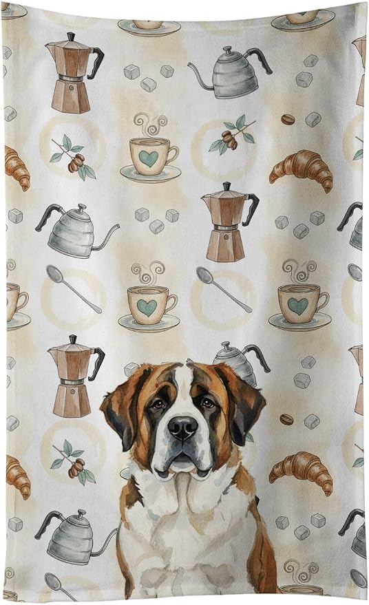 Caroline's Treasures Brindle and White Saint Bernard Coffee Bar Kitchen Towel Velour Plush Front and Cotton Loop Back Machine Washable