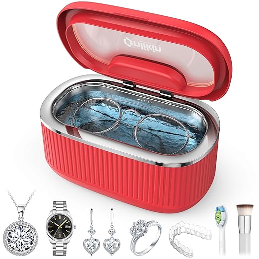 45KHz Ultrasonic Jewelry Cleaner, 5 Timer & 3 Power Modes, 35W Retainer Cleaner for Jewelry, Eyeglasses, Rings, Watch Strap, Dentures - Quiet <38dB, 20oz, 304 Stainless Steel (Red)