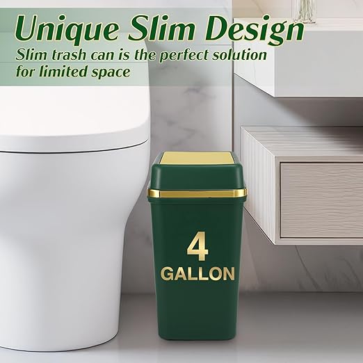 Bathroom Trash Can with Lid 4 Gallon Trash Can with Swing Lid Dark Green Small Garbage Can Bathroom Garbage Can with 150 Counts Trash Bags for Kitchen Bedroom Office