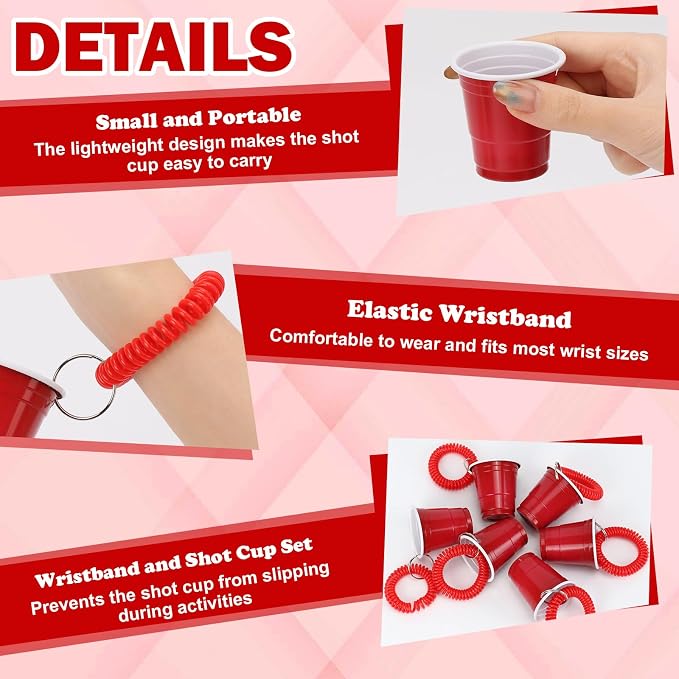 50 Pcs Red Shot Cups with Wristband for Party 2oz Plastic Shot Glasses Bulk Disposable Mini Shot Glasses with Bracelet Wear On Solo Cups for Valentine Carnivals Weddings Party Games Events Supplies