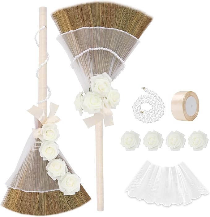Wedding Broom for African American Jumping Ceremony, Decorative Jump Broom DIY Wedding Decor, Pearl Yarn Pearl Chain with Ribbons Artificial Pearl Roses