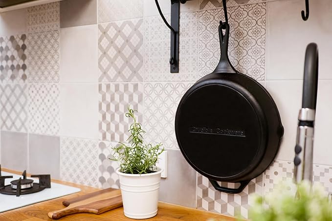 Crucible Cookware 12-Inch Cast Iron Skillet Set (Pre-Seasoned), Including Large & Assist Silicone Hot Handle Holders, Glass Lid, Cast Iron Cleaner Chainmail Scrubber, Scraper | Indoor & Outdoor Use
