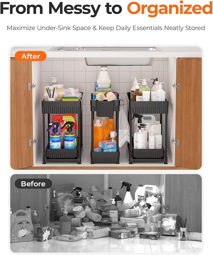 Sevenblue 3 Pack Under Sink Organizers,2-Tier Multi-Use Kitchen and Bathroom Organizers and Storage with Sliding Drawers,Bathroom Cabinet Organizer (Black, 12.8 Inch)