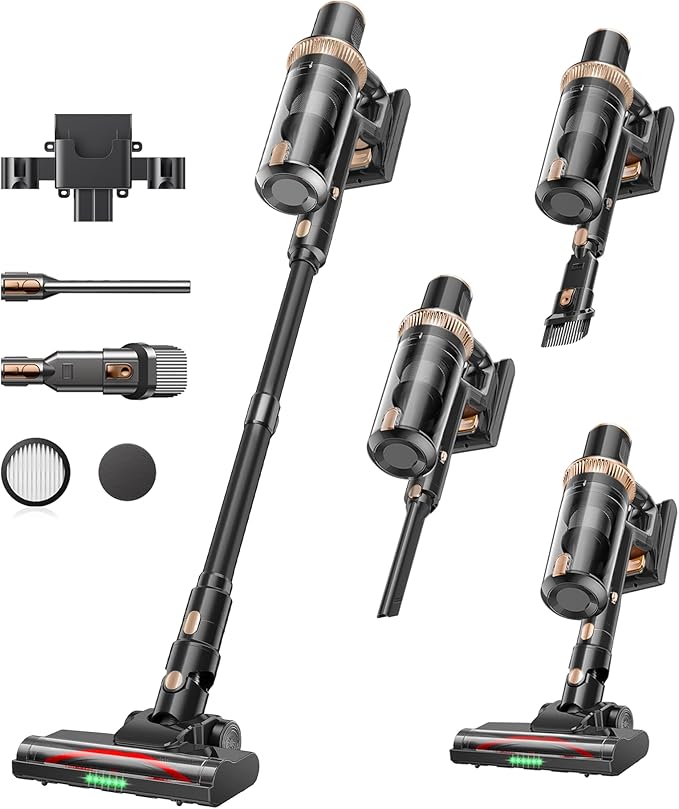 Cordless Vacuum Cleaner, 600W 55KPA 60Mins Vacuum Cleaners for Home,Anti-tangle Wireless Vacumm,Rechargeable Vacuum With Green Light,Powerful Stick Vacuum for Carpet/Hardwood Floors,Pet Hair,Black