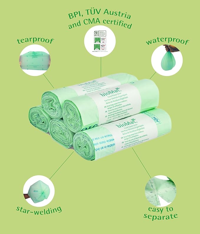 bioMat Compostable Trash Bags 3 Gallon with Handle Ties, 125 Count, Small Kitchen Food Scrap Bin Liners, BPI, CMA and OK Compost HOME certified, Meets the ASTM D6400 Standard
