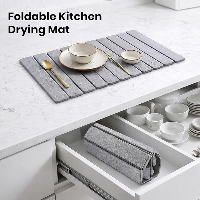 Kitchen Dish Drying Mat - Super Absorbent Microfiber Countertop Drainer Pad, Quick Dry Sink Mat for Dishes, Glassware & Utensils, Non-Slip Kitchen Counter Protector (Light Grey)