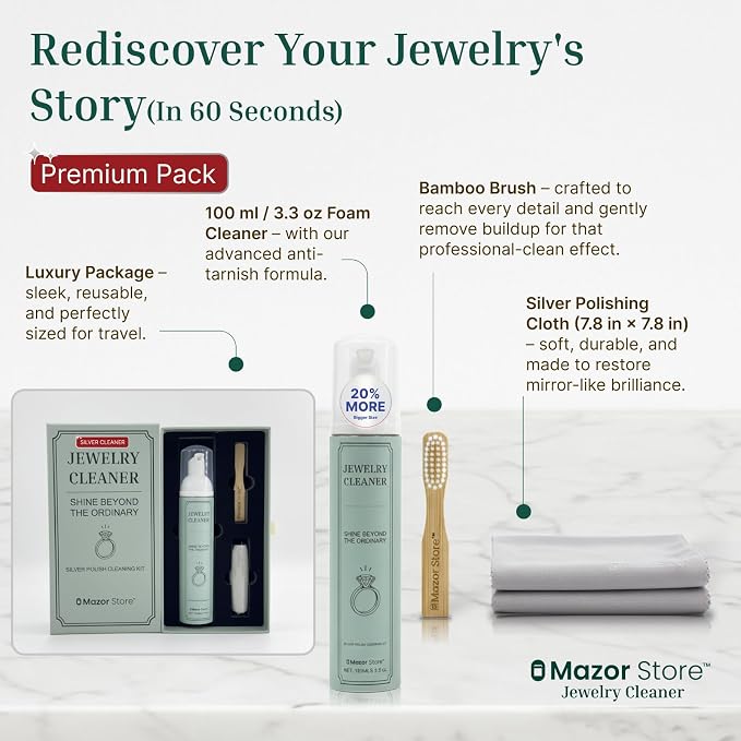 Silver Jewelry Cleaner, Instant Shine, 4-in-1 Gold, Platinum Jewelry Cleaner Solution, Brush, Large Polishing Cloth & Luxury Travel Box – Eco-Friendly, Tarnish Remover & Jewelry Cleaner Kit