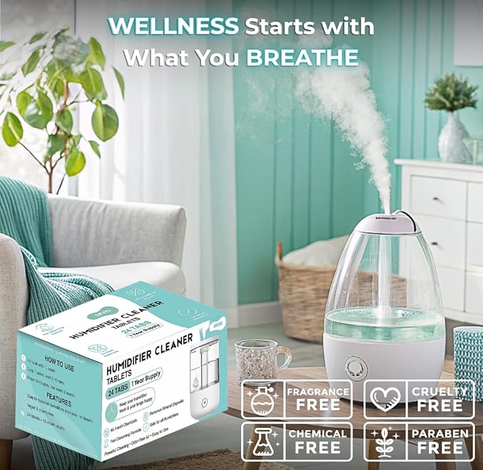 Skyis 24 pack Humidifier Cleaning Tablets Diffuser Cleaner for Stains Residue & Mineral Deposits Improves Mist Flow & Device Care Simple Drop In Formula