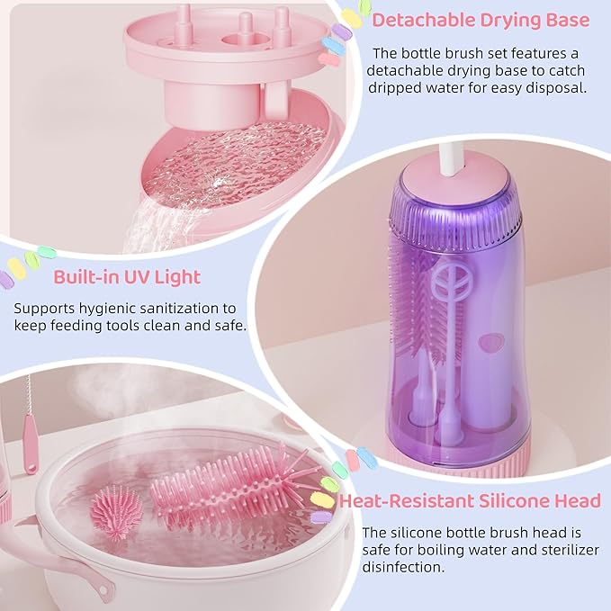 Portable Electric Silicone Bottle Brush Set, 7-in-1 UV LIGHT USB Charging, Nipple/Straw Cleaner, Milk Mixer, Built-in Drying Rack & Storage Case, BPA-Free, IPX7, On-the-Go for New Parents (Blush)
