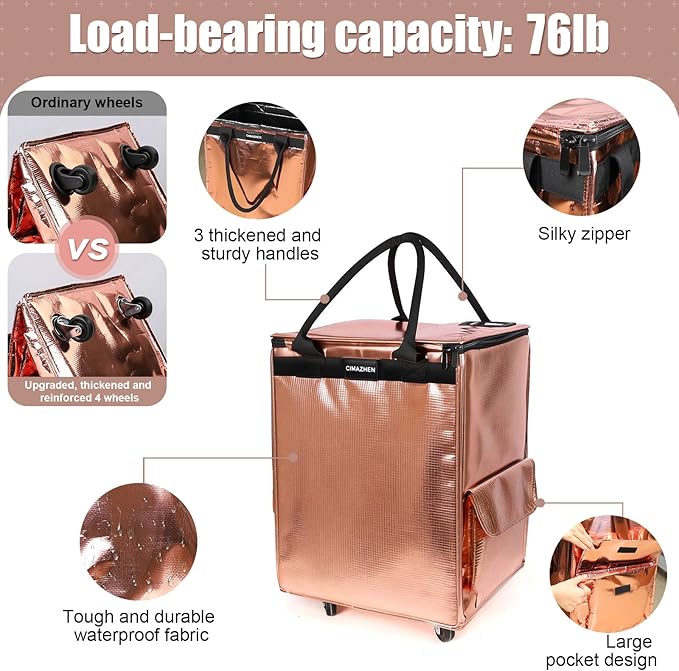 (Medium,Rose Gold) Reusable Grocery Bag on 4 Wheels, 70L Foldable Rolling Tote Bag with 3 Handles and Zipper, Rolling Shopping Cart for Groceries, Storage, Laundry, Travel, Organizer, 76lb