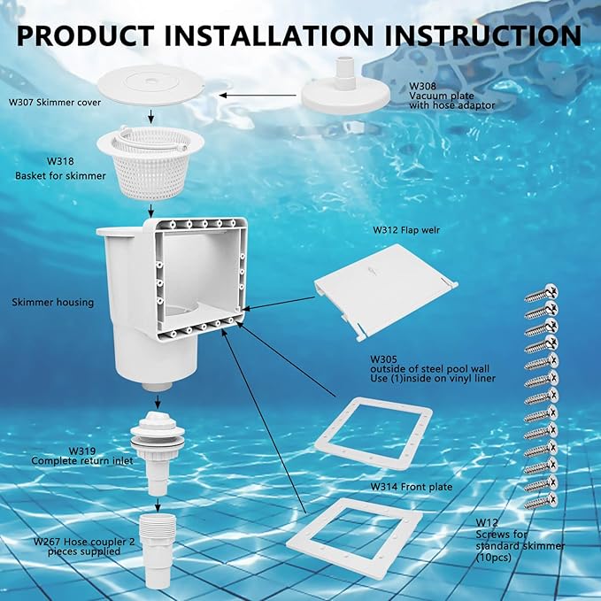 Above Ground Pool Skimmer, ABS Standard Thru-Wall Skimmer with Accessory Kit, Swimming Pool Skimmer, Opening Width 6 Inches Fits for All Standard Pool Wall, Replace #SP1091LX, 8940,45-400