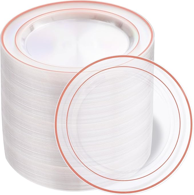 bUCLA 100PCS Clear Rose Gold Plastic Plates Disposable - Heavy Duty 6.25 Inch Clear Plastic Dessert Plates with Rose Gold Trim - Ideal for Party & Wedding