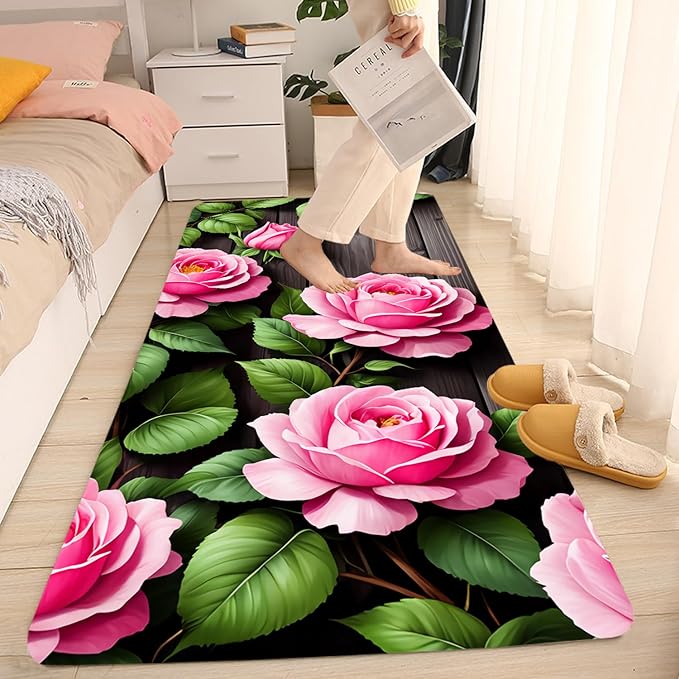 WODEJIA Non Slip Bath Rugs Sponge Foam for Bathroom,Flannel Mat Rug for Living Room, Absorbent MatS for Forlaundry Room and Kitchen,Wooden Board Flower Pattern Welcome Mat 47x18 Inches