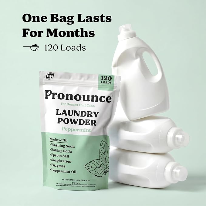 Pronounce Laundry Detergent Powder Alternative | Cleaner Ingredients. Safer for Sensitive Skin. Stain + Smell Fighting. With Essential Oils. HE Safe (Peppermint, 120 Loads)