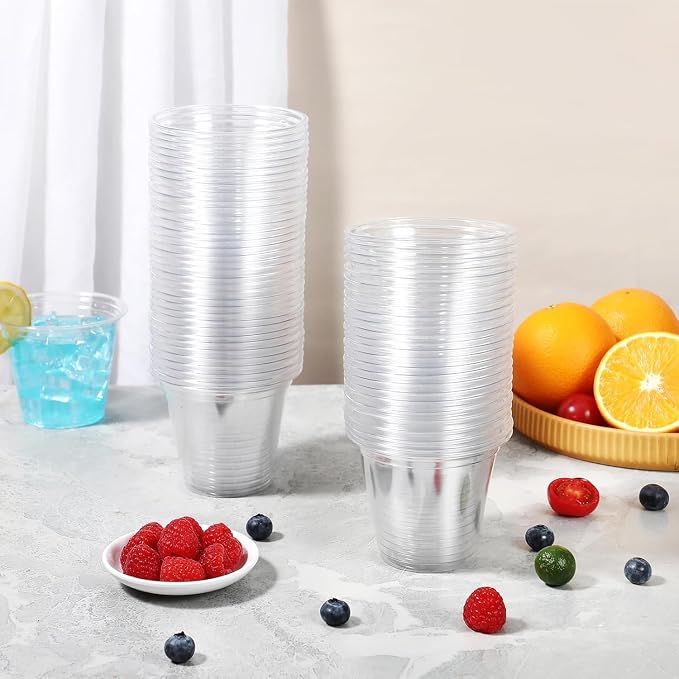 BYSNOW 100 Pack 9 oz Clear Plastic Cups, Disposable Cups for Party, Sturdy & Food Safe Plastic Wine Cups for Cocktail, Juice, Punch (9oz 100pack)