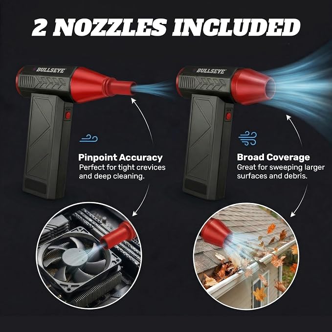 BULLSEYE Blaster 130000 RPM Electric Air Duster, Rechargeable Cordless Compressed Air Blower for Computer Cleaning, Keyboard, Electronics, Car Detailing, 3 Speed Turbo, 2 Nozzles – As Seen on TV