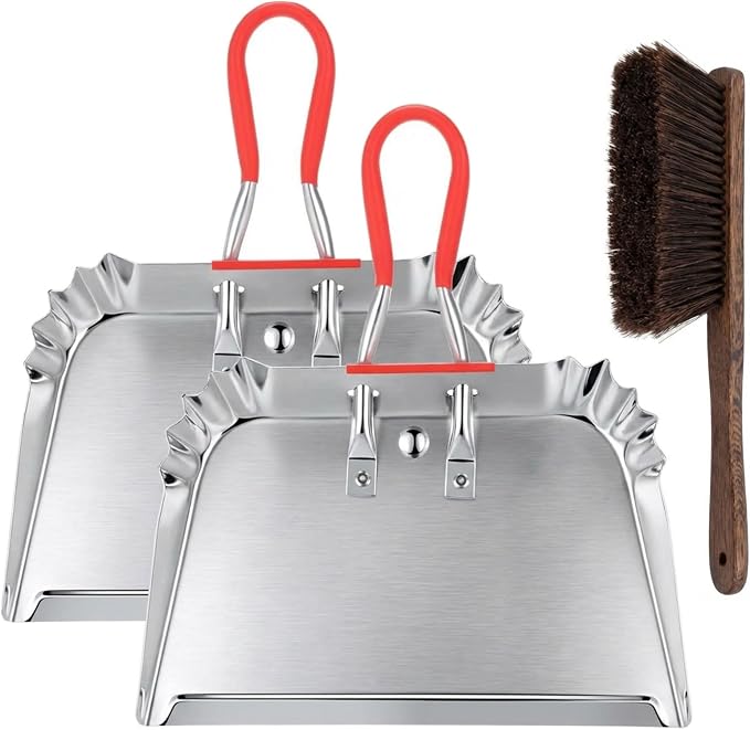 Pasimy 2 Pack 17" Metal Dust Pan and Brush Set, Large Heavy Duty Handheld Industrial Dustpan with Handle Debris Sweeping Tool Metal Edge Flat Against Floor for Outdoor Patio Yard Garage(Sliver)