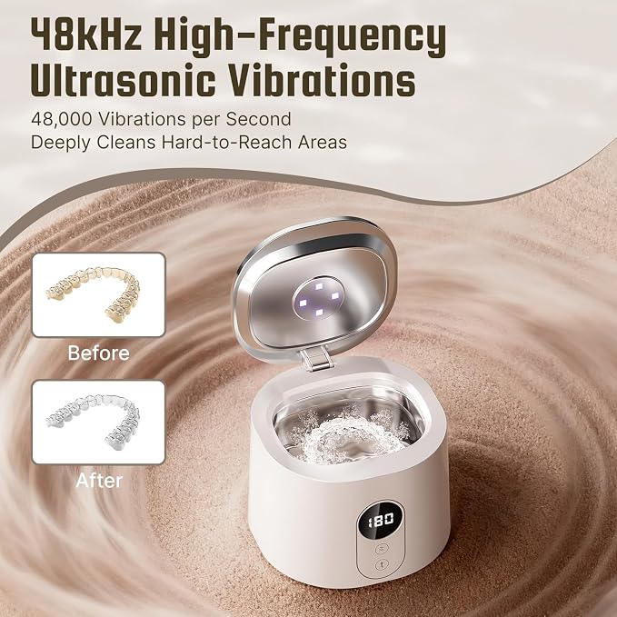 Ultrasonic Retainer Cleaner, 48kHz Dental Cleaning Pod with Digital Timer & 200ML Capacity for Dentures, Aligners, Night Guards,Mouth Guards, Braces, Toothbrush Heads &Jewelry (Purple;)