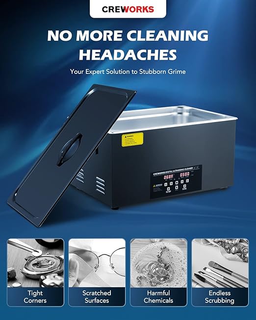 CREWORKS 22L Digital Ultrasonic Cleaning Machine with Degas and Gentle Mode, 480W Ultrasonic Cleaner Machine with Heater and Timer, 5.8 gal Ultrasound Cleaner for Retainer Watch Auto Tool Machine Part
