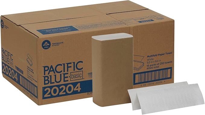 Pacific Blue Basic Multifold Paper Towels by GP PRO (Georgia-Pacific), White, 20204, 250 Towels Per Pack, 16 Packs Per Case, (Case of 16 Packs, 250 per Pack)