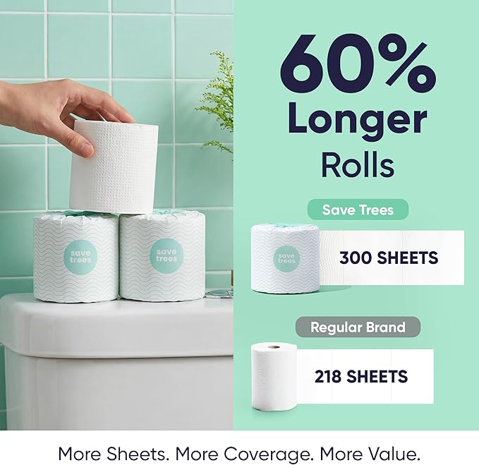 Save Trees Bamboo Toilet Paper - 48 Rolls Of Septic Safe Organic Toilet Paper- 3-ply, 300 Sheets Per Roll - PFAs Free, FSC Certified, Plastic & Chemical Free - For Home, Boat & RV Use