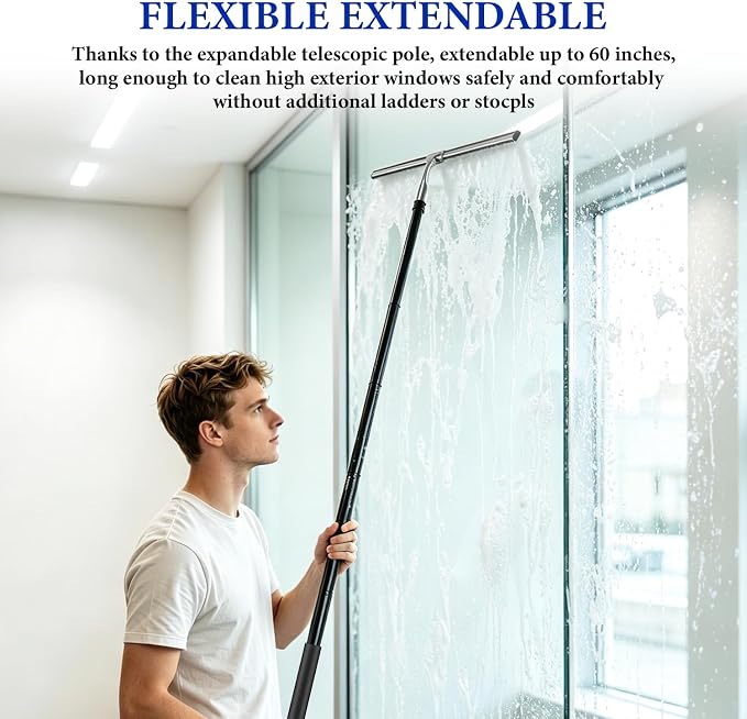 Shower Squeegee for Glass Doors, 2-in-1 Professional Window Cleaner Tool with Extension Pole, 14" Wide Window Washing Equipment for High Outside Glass, Solar Panels, Shower & Car Windshield