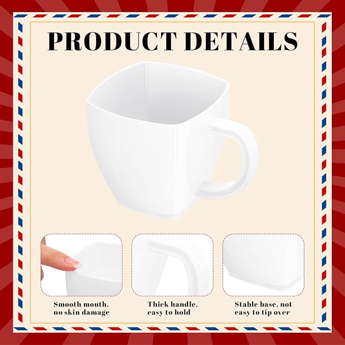 Amyhill 50 Pcs 5 oz Disposable Tea Cups Bulk with Handle Mini Hard Plastic Coffee Mug Square Disposable Espresso Cups for Tea Party Wedding Catering Dessert Sampling (White)