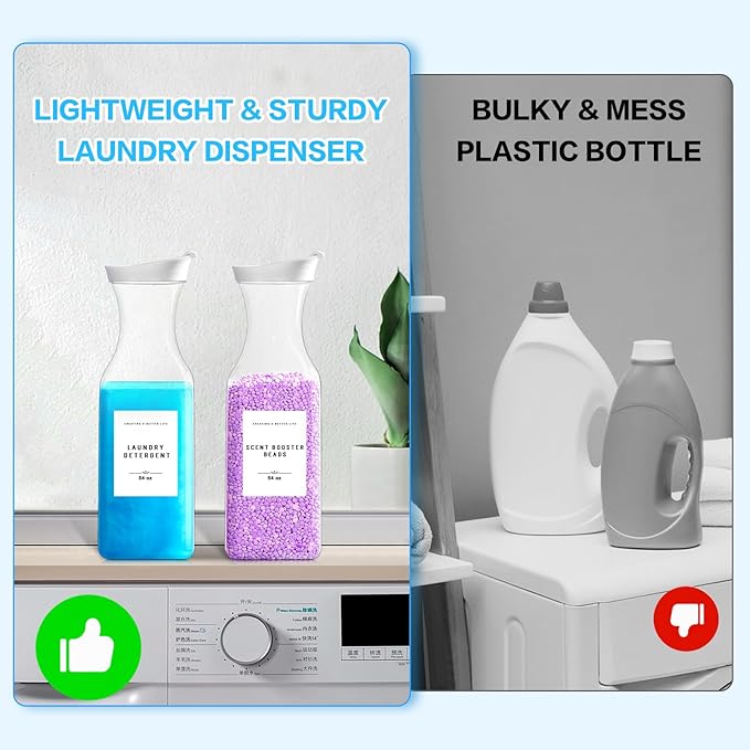Laundry Detergent Dispenser Bottle 54oz with Waterproof Label for Laundry Detergent Soap Fabric Softener Scent Booster Beads, Sturdy PET Plastic Bottle, 2 Pack White