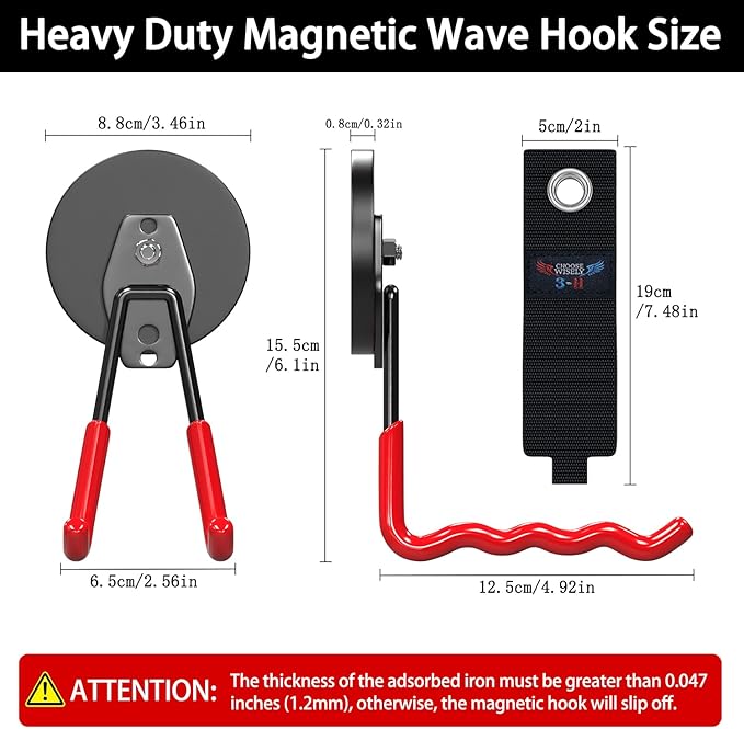 3-H Extra Strong Magnetic Hooks,Heavy Duty Large Anti-Slip Magnet Hooks Wave Shape,No-Drill Tool Holder for Garage,Power Drill,Garden Tools,Hose Storage,2 Pack Red
