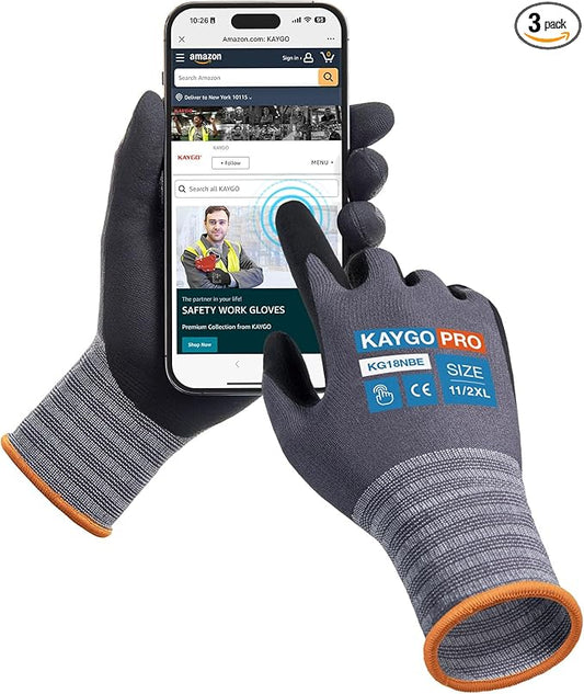 KAYGO Safety Work Gloves MicroFoam Nitrile Coated- 3 Pairs KG18NB, Seamless Knit Nylon Glove with full fingers Touchscreen, Ideal for Automotive, Home Improvement, Black, 2X-Large