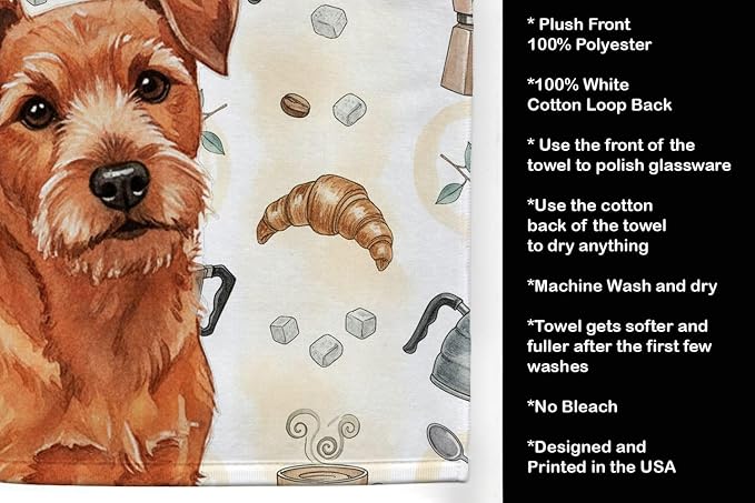 Caroline's Treasures Red Norfolk Terrier Coffee Bar Kitchen Towel Velour Plush Front and Cotton Loop Back Machine Washable