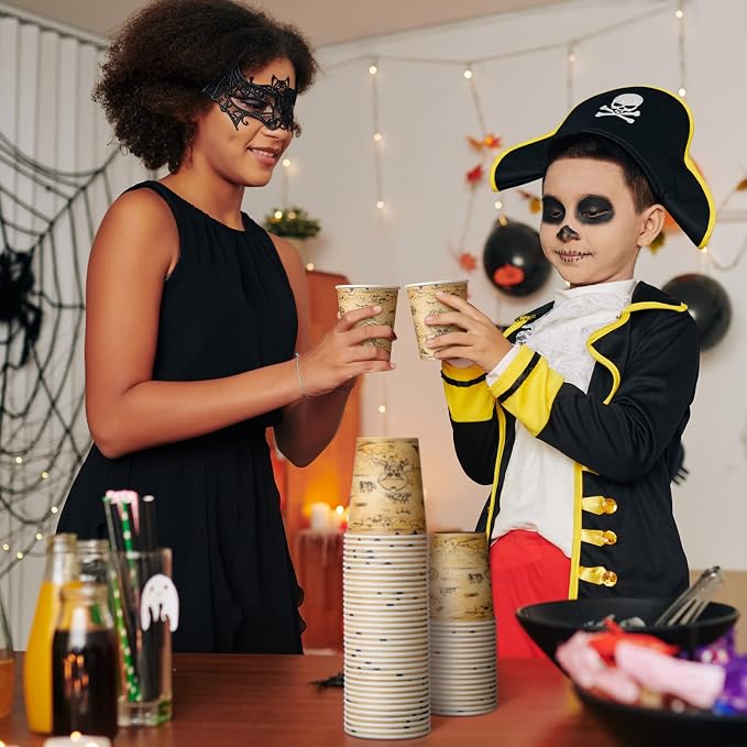 Funtery 100 Pcs Paper Drinking Cups, 9 oz Party Favor Supplies Decorations Disposable Drinking Cups for Western Theme Birthday Party Drinks Holidays Dinner(Retro Pirate)