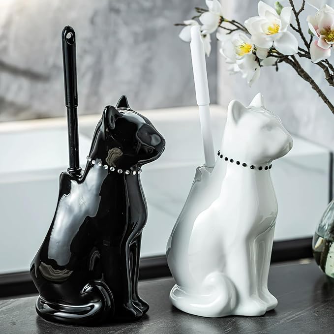Cat Toilet Brush Holder - Ceramic Whimsical Feline Design with Wide-Mouth Storage, Black Toilet Bowl Brush and Holder Set Cute for Bathroom Ground, Easy-Clean Cat Lover Gift (White)