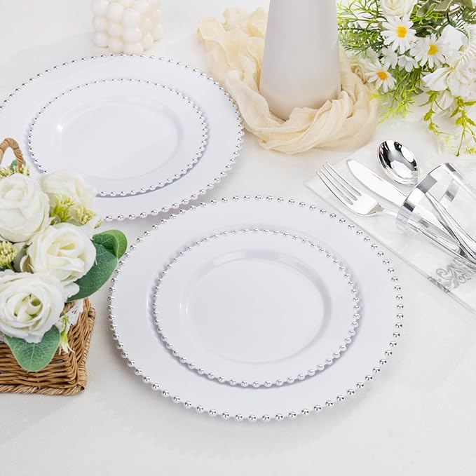 LIYH 350 Pcs Plastic Dinnerware Set for 50 Guests - White Silver
